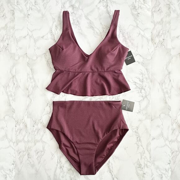 Spanx Pique Longline Flounce Swim Top & Shaping Cheeky Bikini Bottoms Size Small - Picture 1 of 15